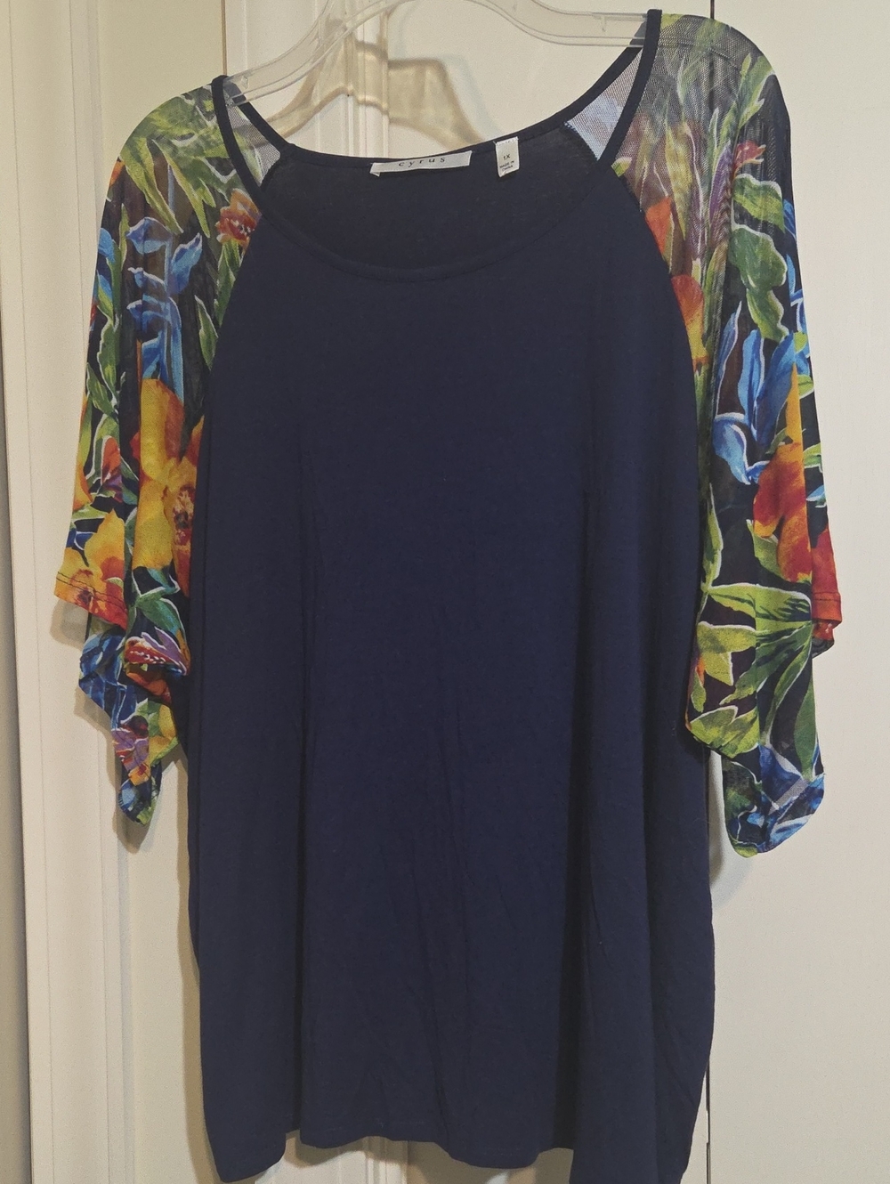 Cyrus Navy Tunic with Floral Semi Sheer Sleeves